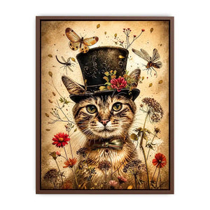 Vintage cat portrait wall art canvas with top hat, flowers, and insects, whimsical botanical decor for living room or bedroom