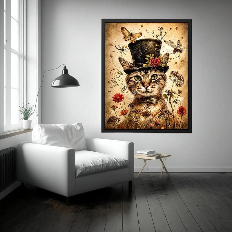 Vintage cat portrait wall art canvas with top hat, flowers, and insects, whimsical botanical decor for living room or bedroom