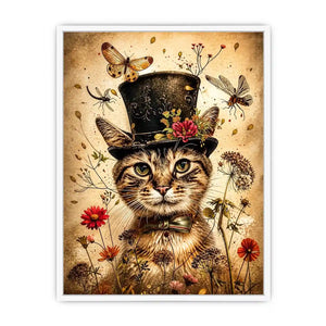 Vintage cat portrait wall art canvas with top hat, flowers, and insects, whimsical botanical decor for living room or bedroom