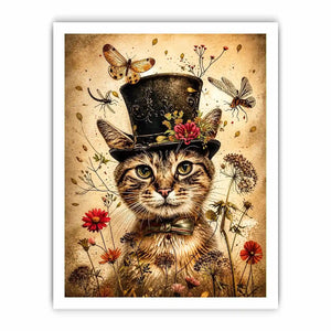 Vintage cat portrait wall art canvas with top hat, flowers, and insects, whimsical botanical decor for living room or bedroom