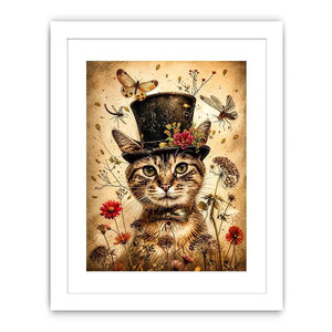 Vintage cat portrait wall art canvas with top hat, flowers, and insects, whimsical botanical decor for living room or bedroom