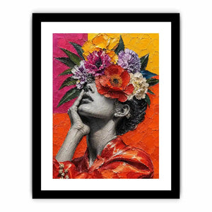 Textured contemporary portrait artwork featuring a monochrome woman with vibrant floral headpiece and bold colorful background