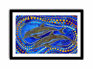 Blue and gold dolphin dot art painting featuring two dolphins swimming through vibrant abstract ocean waves
