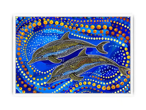Blue and gold dolphin dot art painting featuring two dolphins swimming through vibrant abstract ocean waves
