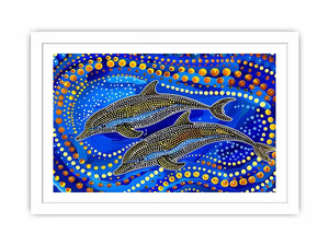 Blue and gold dolphin dot art painting featuring two dolphins swimming through vibrant abstract ocean waves