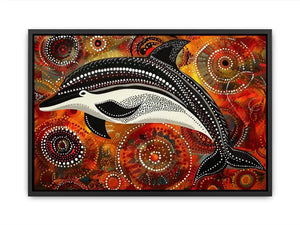 Indigenous-inspired dolphin dot painting with earthy orange and red circular patterns and abstract ocean symbolism