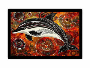 Indigenous-inspired dolphin dot painting with earthy orange and red circular patterns and abstract ocean symbolism