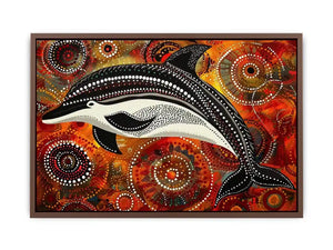 Indigenous-inspired dolphin dot painting with earthy orange and red circular patterns and abstract ocean symbolism