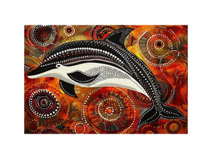 Indigenous-inspired dolphin dot painting with earthy orange and red circular patterns and abstract ocean symbolism
