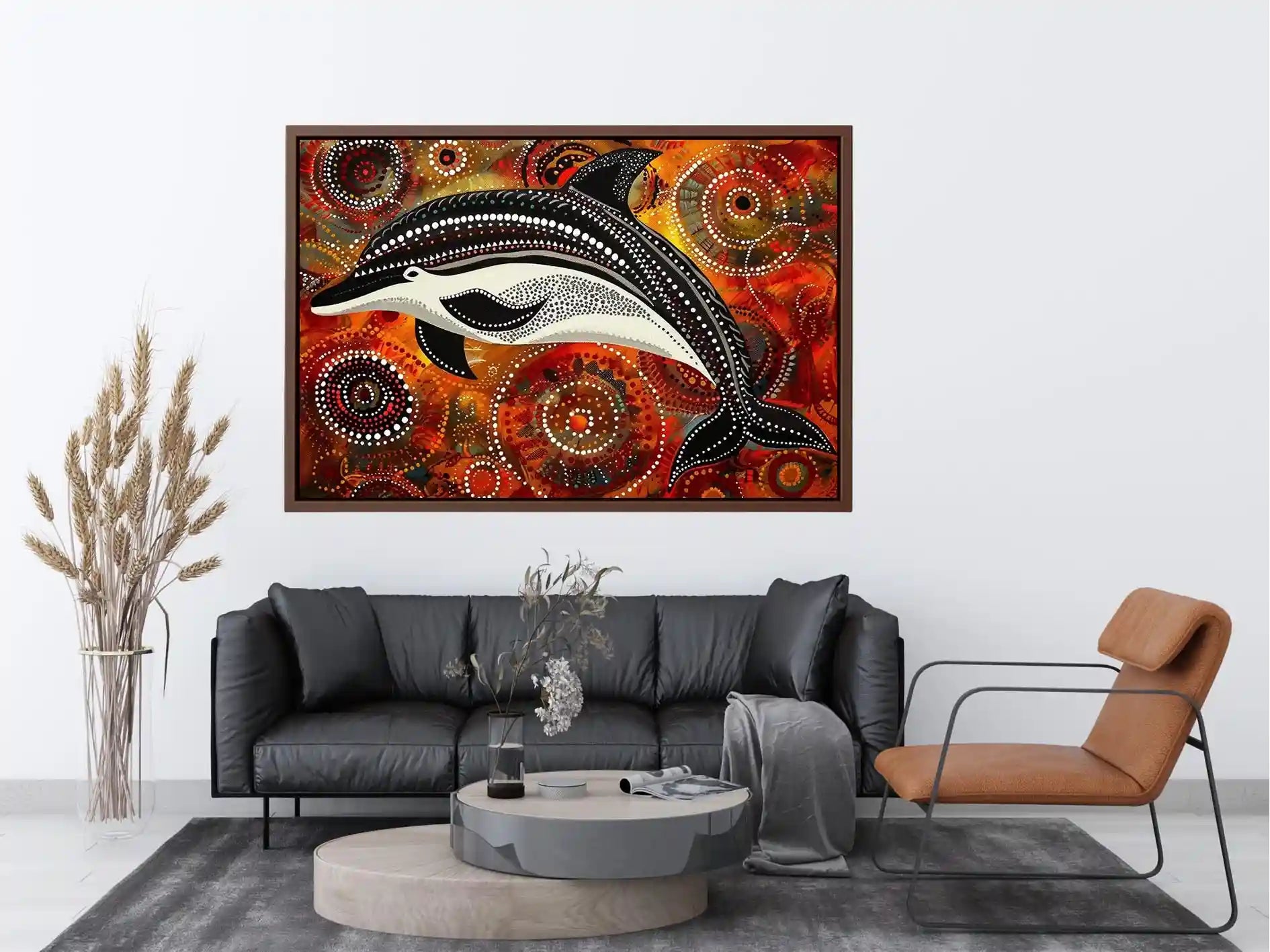 Indigenous-inspired dolphin dot painting with earthy orange and red circular patterns and abstract ocean symbolism
