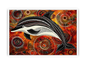 Indigenous-inspired dolphin dot painting with earthy orange and red circular patterns and abstract ocean symbolism