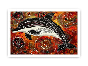 Indigenous-inspired dolphin dot painting with earthy orange and red circular patterns and abstract ocean symbolism