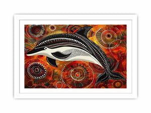 Indigenous-inspired dolphin dot painting with earthy orange and red circular patterns and abstract ocean symbolism
