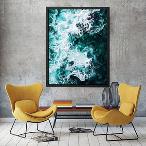 Abstract emerald green ocean artwork with swirling white sea foam and fluid resin-inspired wave textures