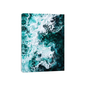 Abstract emerald green ocean artwork with swirling white sea foam and fluid resin-inspired wave textures