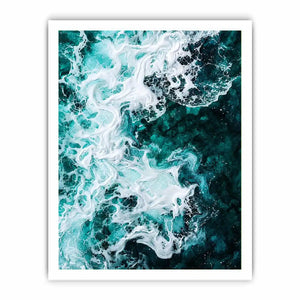 Abstract emerald green ocean artwork with swirling white sea foam and fluid resin-inspired wave textures