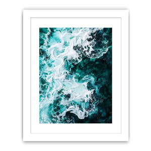 Abstract emerald green ocean artwork with swirling white sea foam and fluid resin-inspired wave textures