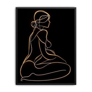 Glowing golden line art woman canvas for modern luxury bedroom decor.