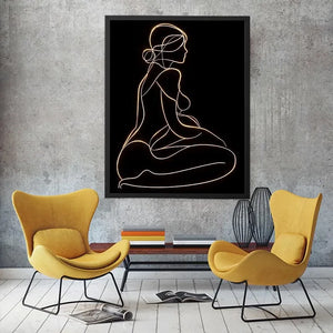 Glowing golden line art woman canvas for modern luxury bedroom decor.