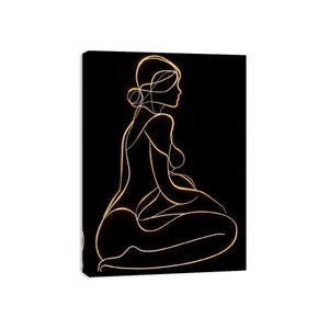 Glowing golden line art woman canvas for modern luxury bedroom decor.