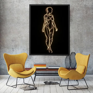 Glowing feminine line art canvas for modern luxury bedroom wall decor.