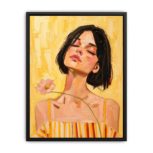 Warm feminine portrait canvas art with floral detail for modern bedroom decor.