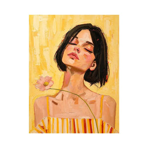 Warm feminine portrait canvas art with floral detail for modern bedroom decor.