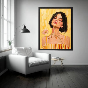 Warm feminine portrait canvas art with floral detail for modern bedroom decor.