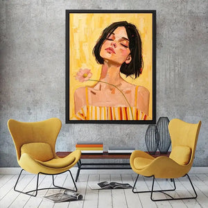 Warm feminine portrait canvas art with floral detail for modern bedroom decor.