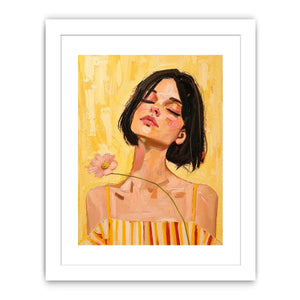 Warm feminine portrait canvas art with floral detail for modern bedroom decor.