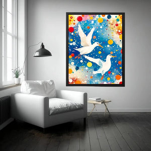 Colorful abstract bird canvas art with vibrant modern contemporary decor style.