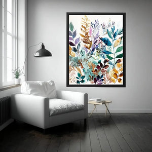 Watercolor botanical leaves canvas art for serene modern living room decor.