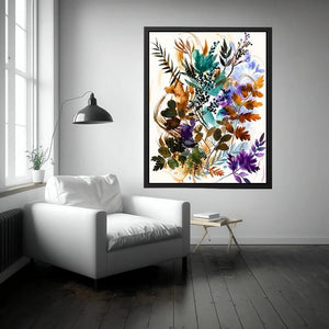 Abstract botanical watercolor canvas art for elegant modern living room decor.