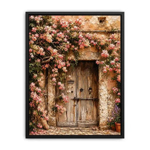 Rustic floral doorway canvas art with pink blossoms for elegant living room or entryway decor.