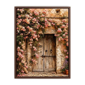 Rustic floral doorway canvas art with pink blossoms for elegant living room or entryway decor.