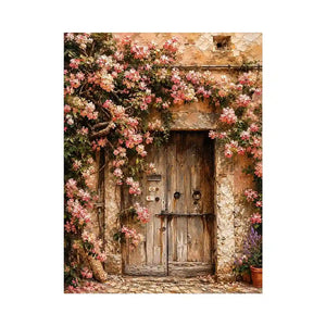 Rustic floral doorway canvas art with pink blossoms for elegant living room or entryway decor.