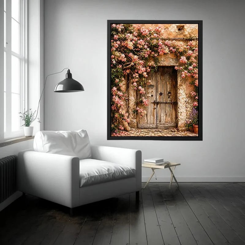 Rustic floral doorway canvas art with pink blossoms for elegant living room or entryway decor.