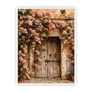 Rustic floral doorway canvas art with pink blossoms for elegant living room or entryway decor.
