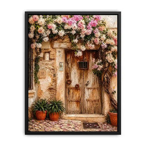 Mediterranean floral doorway canvas art with pink bougainvillea for elegant entryway or living room decor.