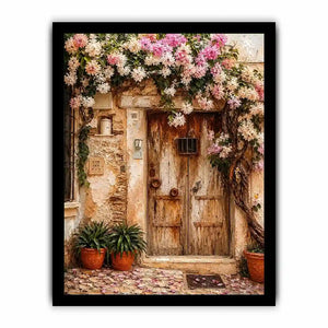 Mediterranean floral doorway canvas art with pink bougainvillea for elegant entryway or living room decor.