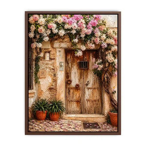 Mediterranean floral doorway canvas art with pink bougainvillea for elegant entryway or living room decor.