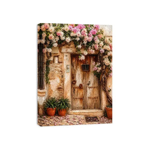 Mediterranean floral doorway canvas art with pink bougainvillea for elegant entryway or living room decor.