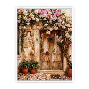 Mediterranean floral doorway canvas art with pink bougainvillea for elegant entryway or living room decor.