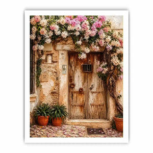 Mediterranean floral doorway canvas art with pink bougainvillea for elegant entryway or living room decor.