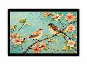 Pastel bird and floral canvas art for serene bedroom or living room wall decor.