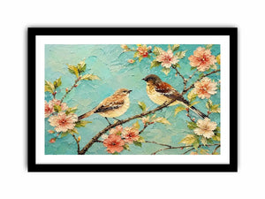Pastel bird and floral canvas art for serene bedroom or living room wall decor.