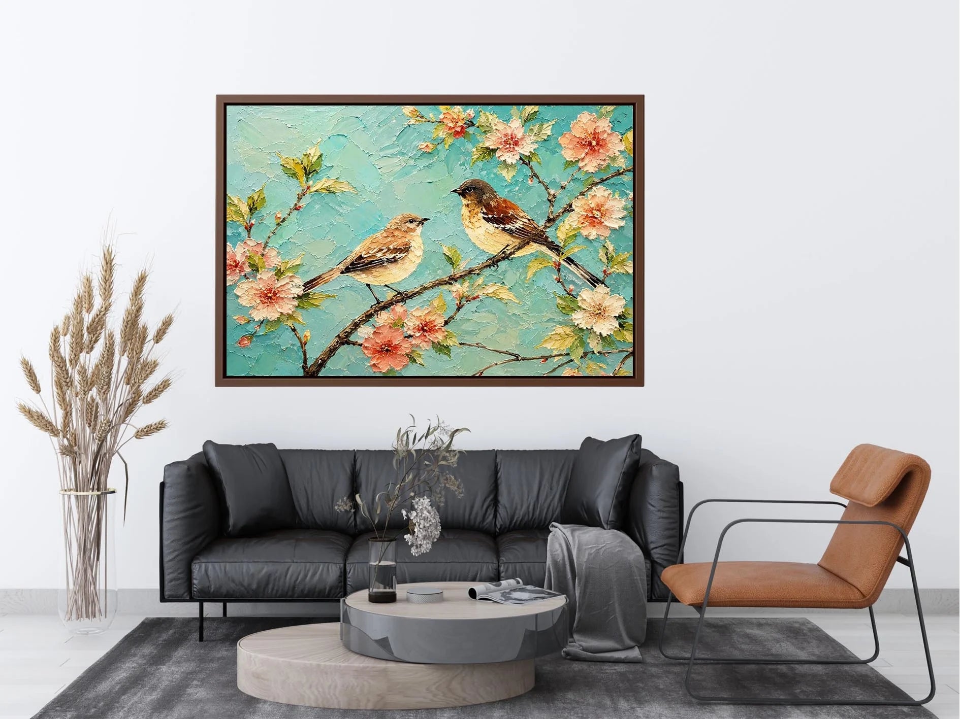 Pastel bird and floral canvas art for serene bedroom or living room wall decor.
