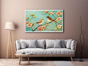 Pastel bird and floral canvas art for serene bedroom or living room wall decor.