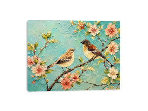 Pastel bird and floral canvas art for serene bedroom or living room wall decor.