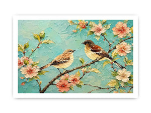 Pastel bird and floral canvas art for serene bedroom or living room wall decor.
